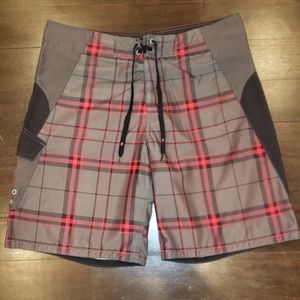 MEN'S PLAID GRAY & RED BATHING SUIT SHORTS TRUNKS